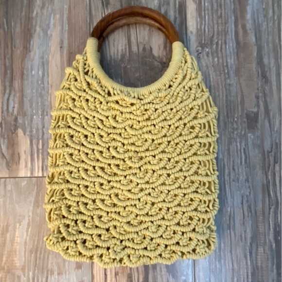 Sigrid Olsen Handcrafted Wood Handbag Purse Macrame Crochet Pale Yellow Bag - Picture 1 of 11
